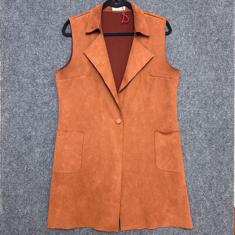 Solitaire Anthropologie Faux Suede Vest Burnt Orange Pockets Button Womens XL